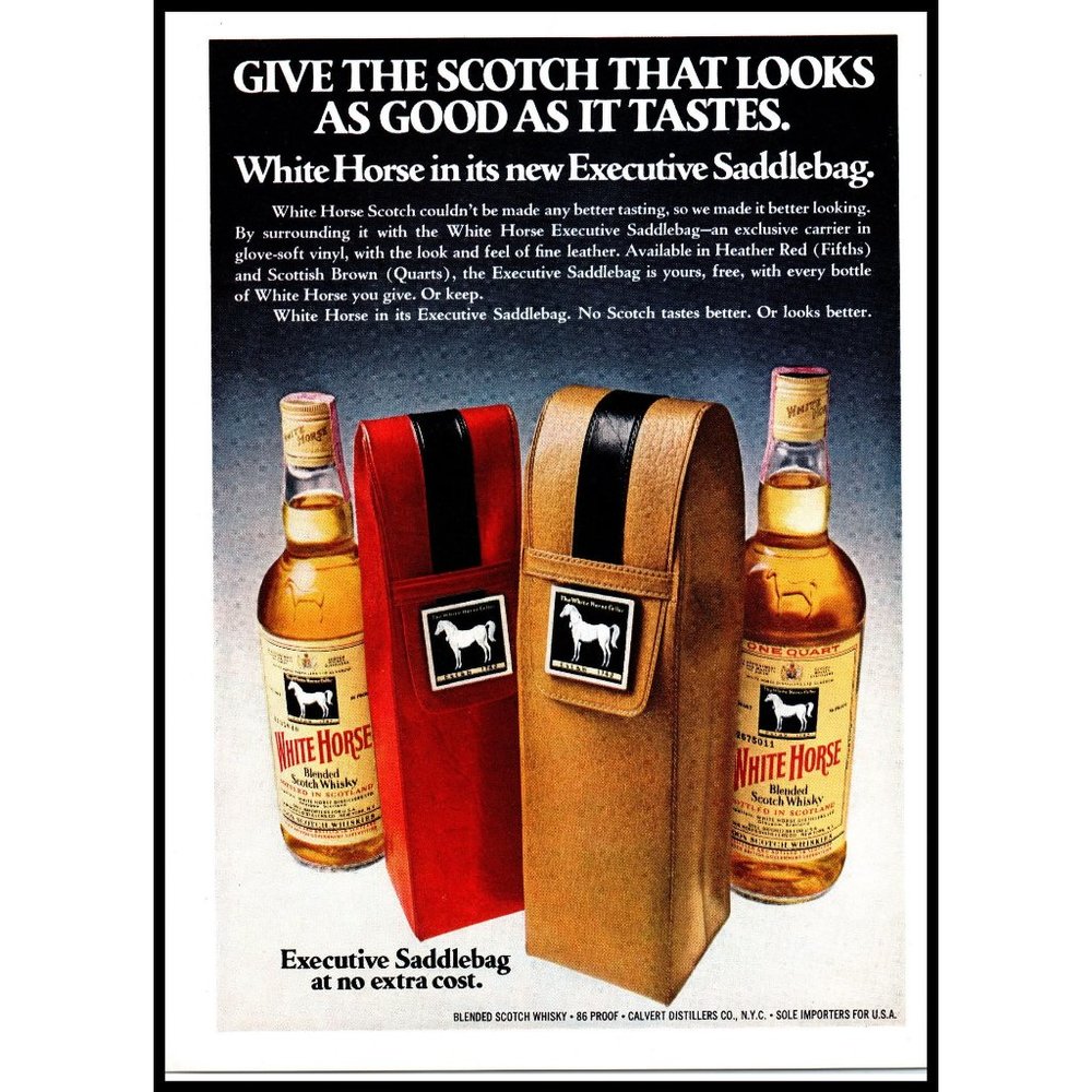 1976 White Horse Scotch Vintage Print Ad Leather Saddlebag Gift Box Wall Art